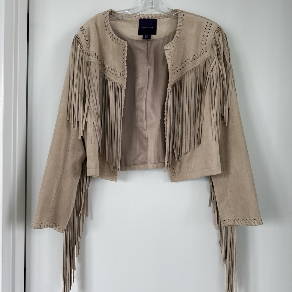 Amaryllis Beige Fringe Faux Suede Jacket